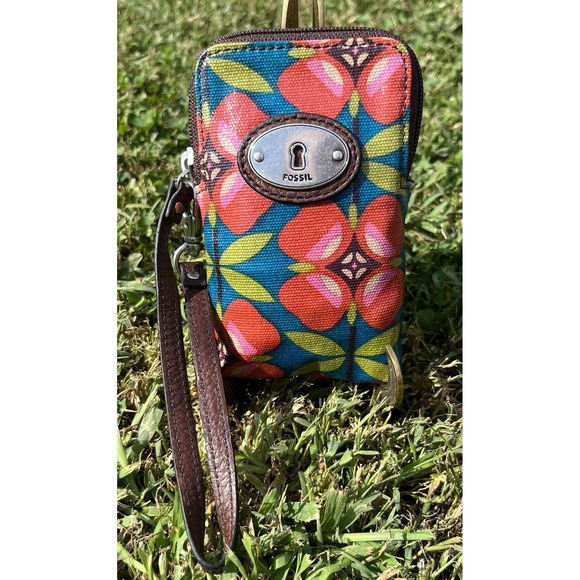 Fossil Wristlet Wallet Womens Small Key-Per Canvas Floral Strap Pouch Bag Purse - Picture 1 of 11